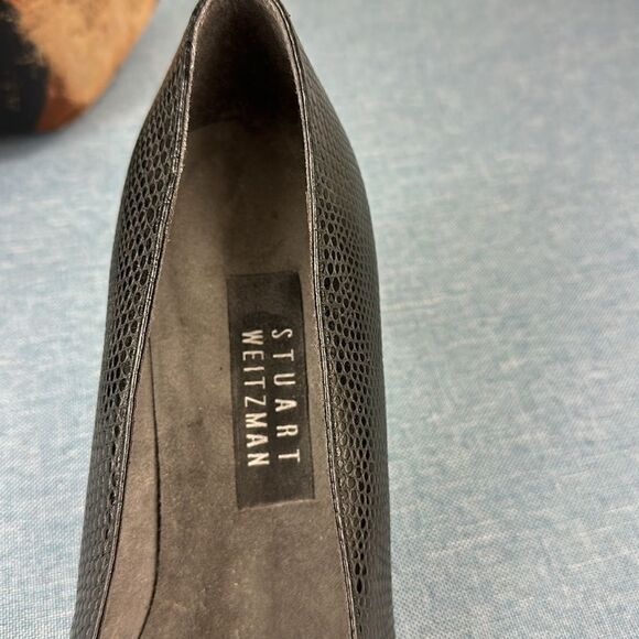 Stuart Weitzman Black Snakeskin Embossed Square Toe Block Heeled Slip On Pumps - Picture 10 of 11